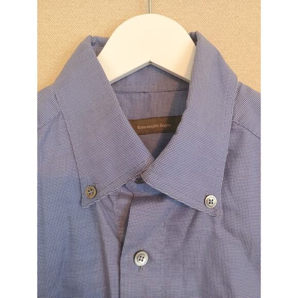 Ermenegildo Zegna Shirt Mens Medium Blue Micro Check Corpcore Office Button Down - Picture 7 of 12